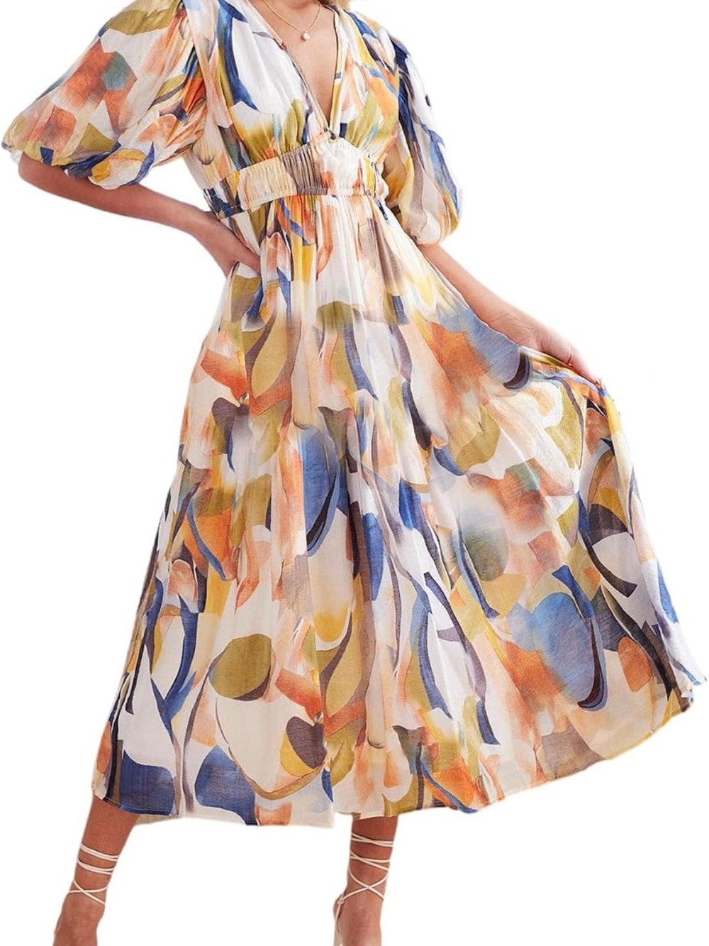 Abstract Multi-Color Maxi Dress with Puff Sleeves